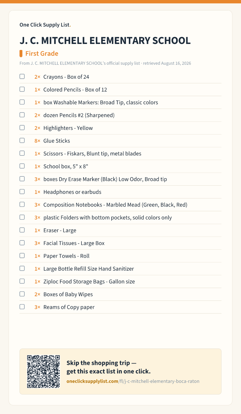 J. C. MITCHELL ELEMENTARY SCHOOL First Grade supply list — printable image