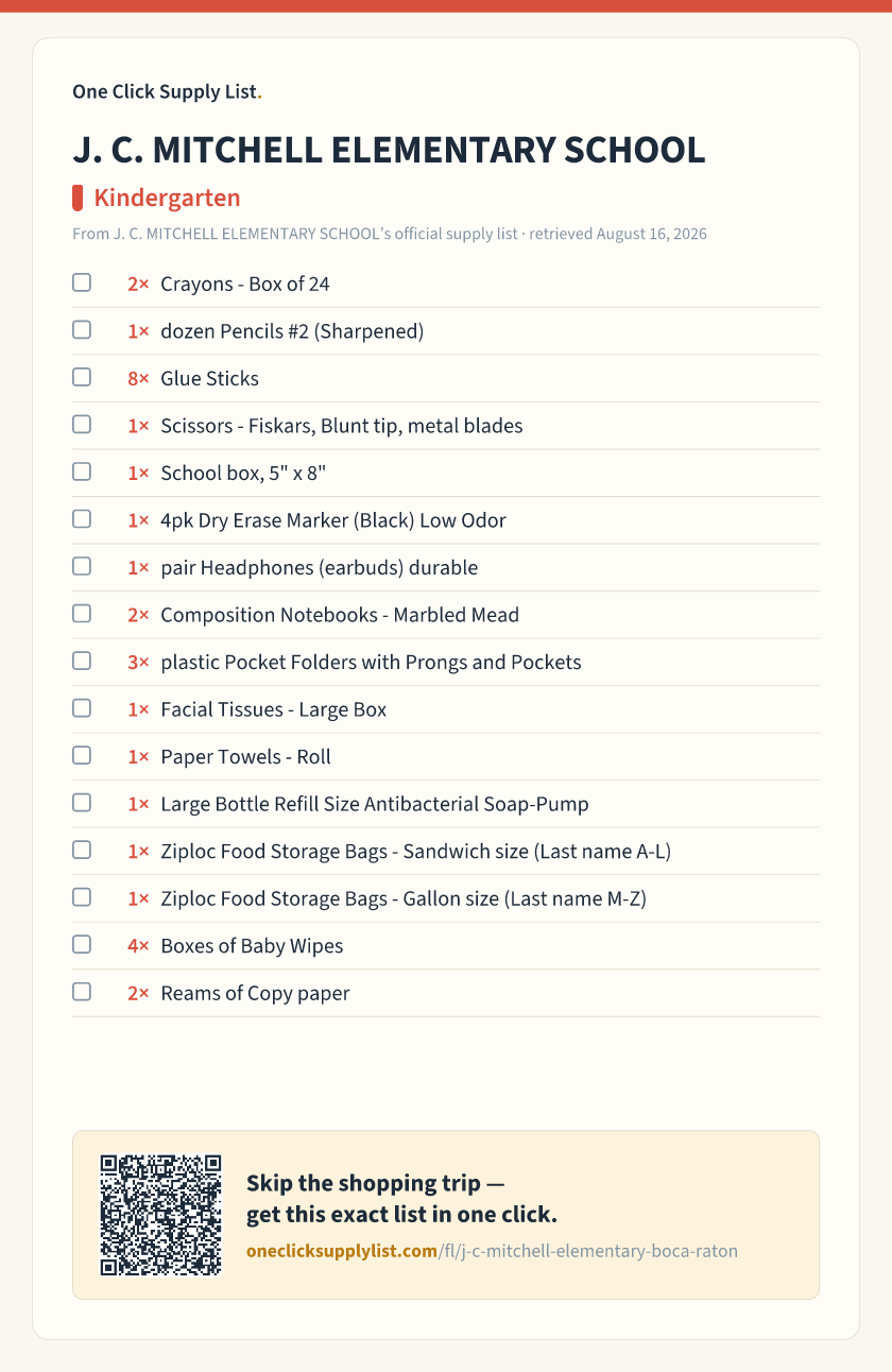 J. C. MITCHELL ELEMENTARY SCHOOL Kindergarten supply list — printable image