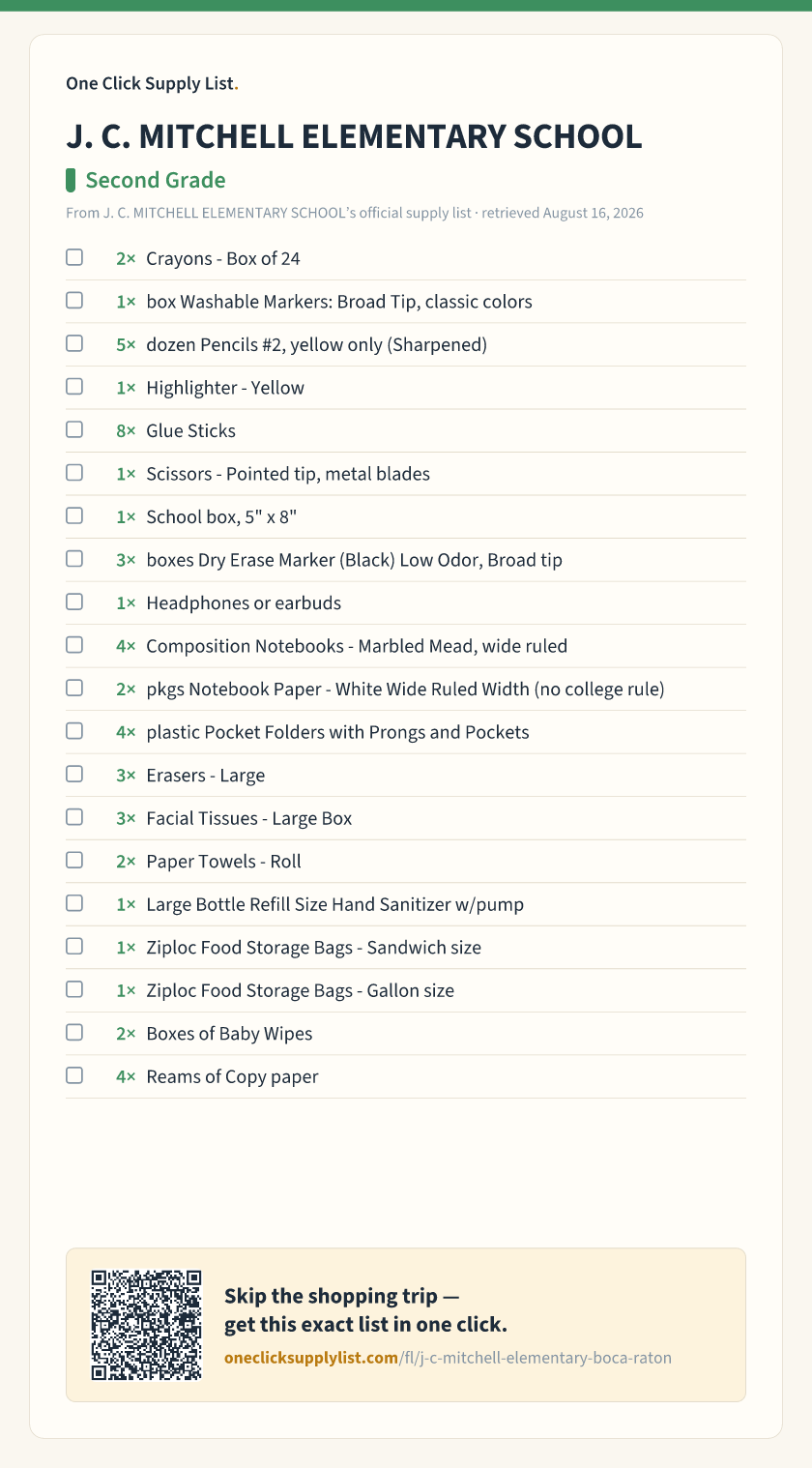J. C. MITCHELL ELEMENTARY SCHOOL Second Grade supply list — printable image