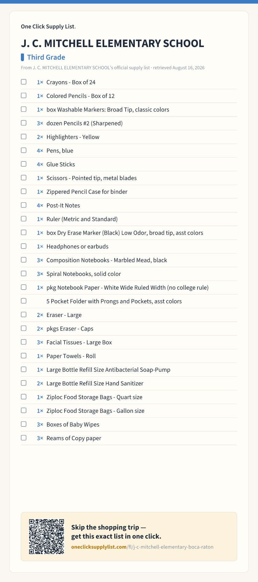 J. C. MITCHELL ELEMENTARY SCHOOL Third Grade supply list — printable image