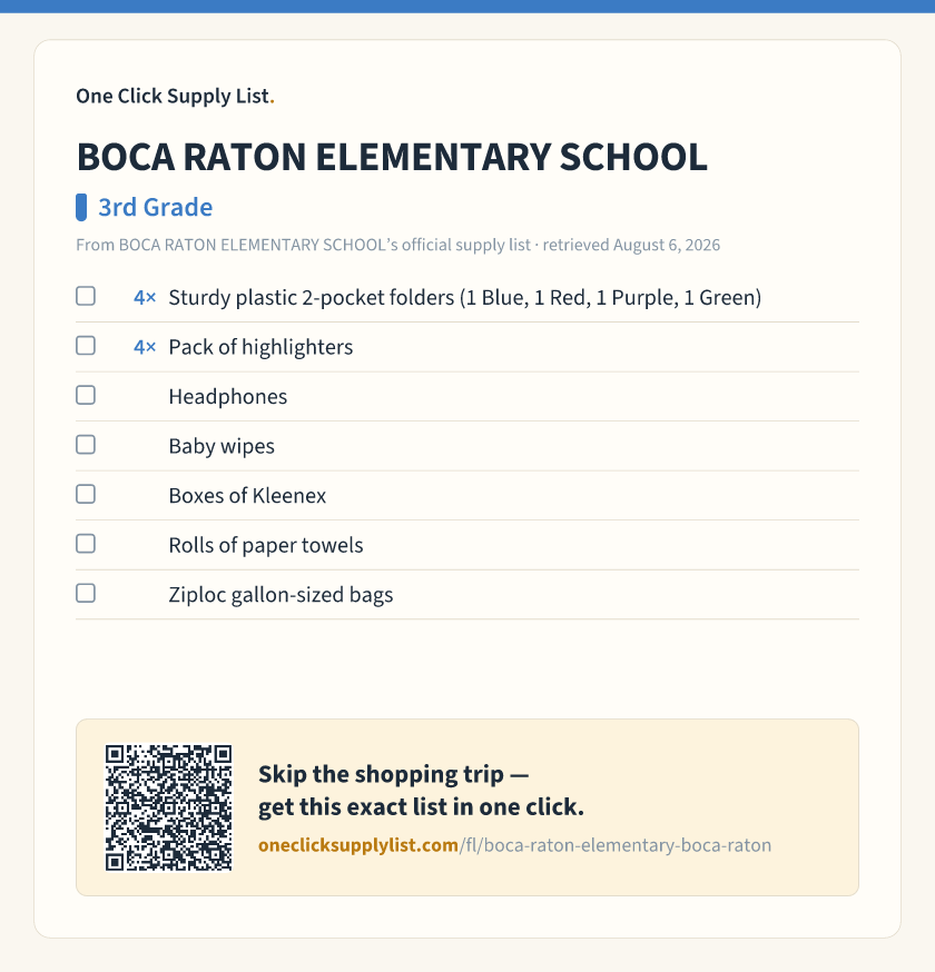BOCA RATON ELEMENTARY SCHOOL 3rd Grade supply list — printable image