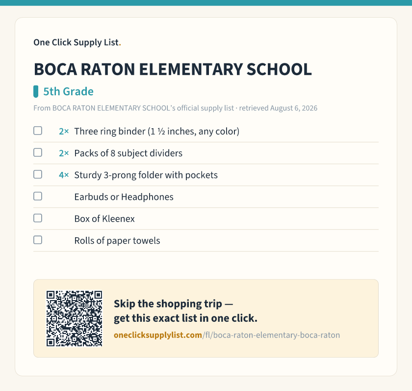 BOCA RATON ELEMENTARY SCHOOL 5th Grade supply list — printable image