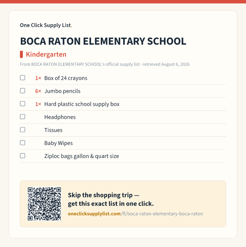 BOCA RATON ELEMENTARY SCHOOL Kindergarten supply list — printable image