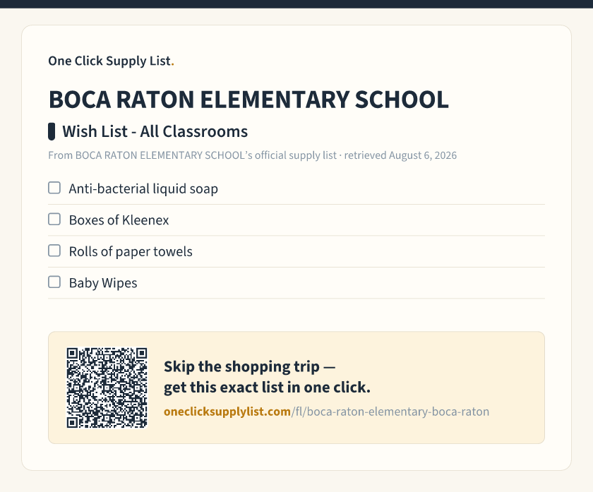 BOCA RATON ELEMENTARY SCHOOL Wish List - All Classrooms supply list — printable image