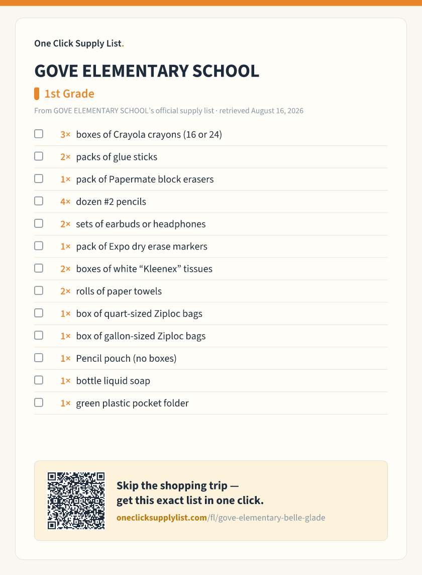 GOVE ELEMENTARY SCHOOL 1st Grade supply list — printable image