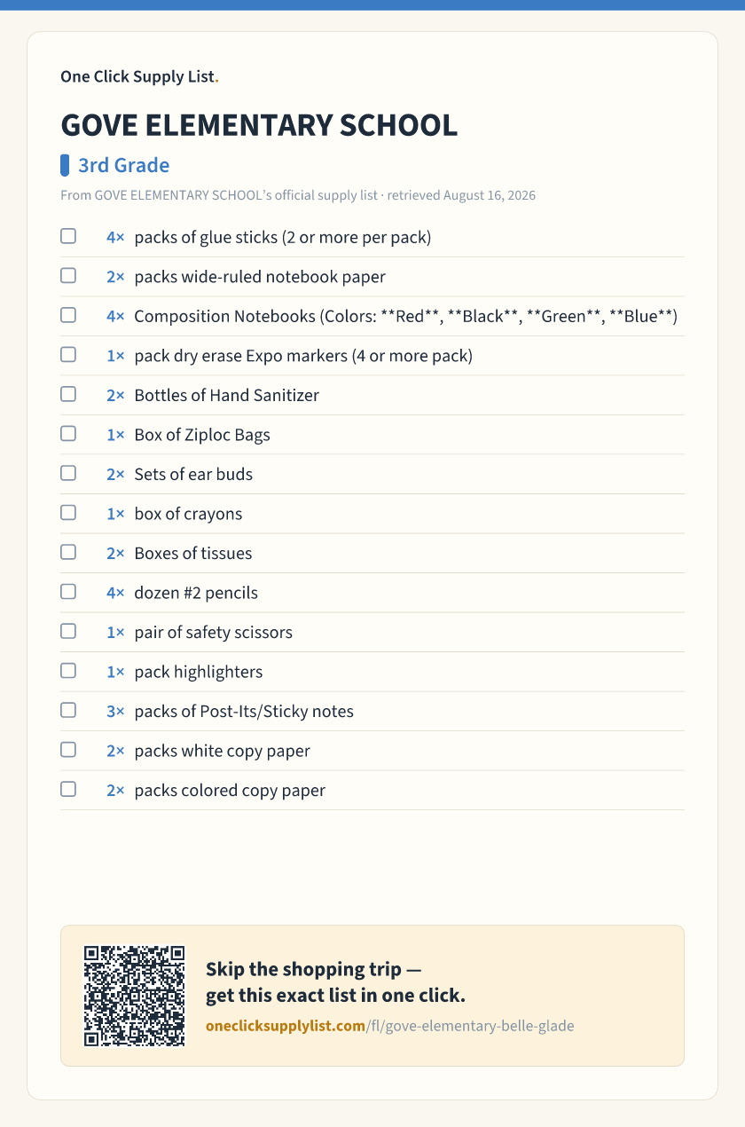 GOVE ELEMENTARY SCHOOL 3rd Grade supply list — printable image