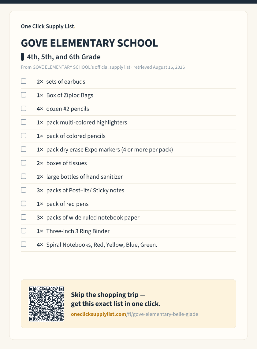 GOVE ELEMENTARY SCHOOL 4th, 5th, and 6th Grade supply list — printable image