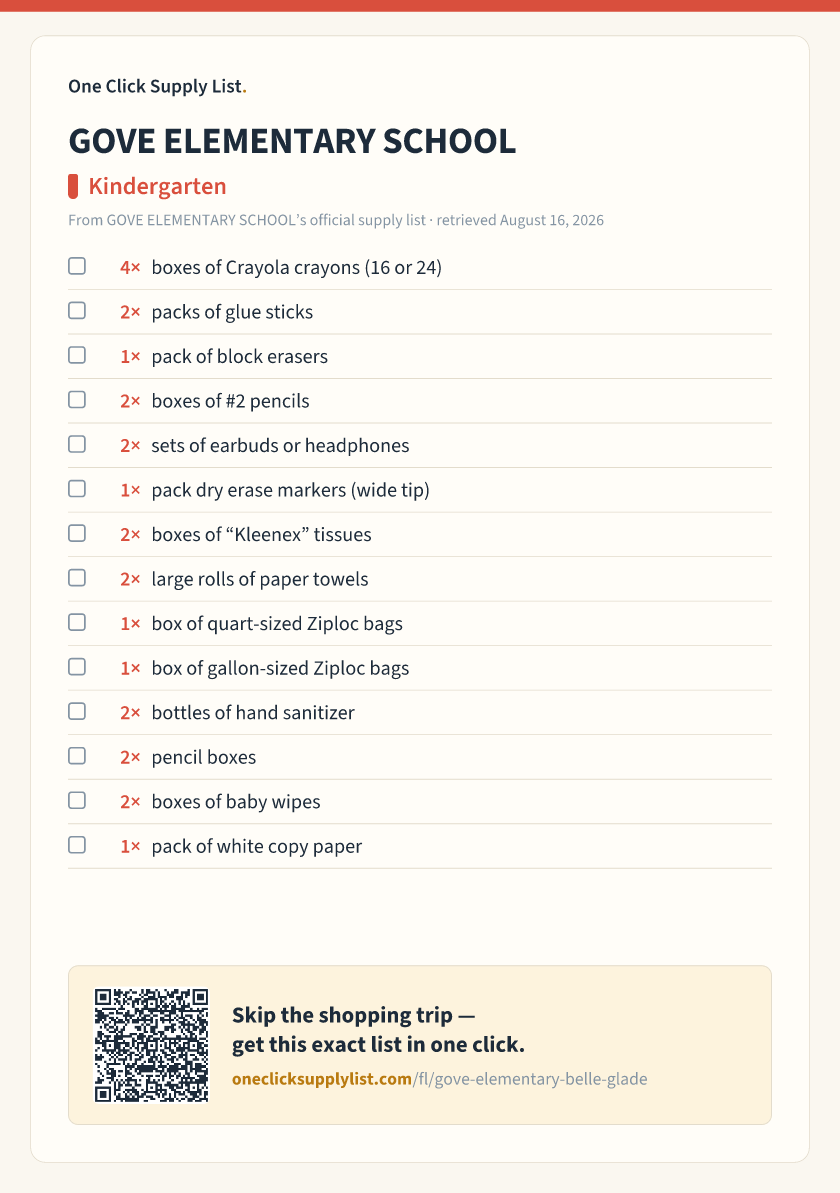 GOVE ELEMENTARY SCHOOL Kindergarten supply list — printable image