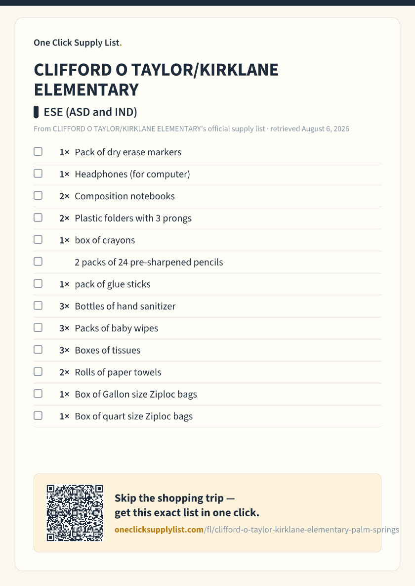 CLIFFORD O TAYLOR/KIRKLANE ELEMENTARY ESE (ASD and IND) supply list — printable image