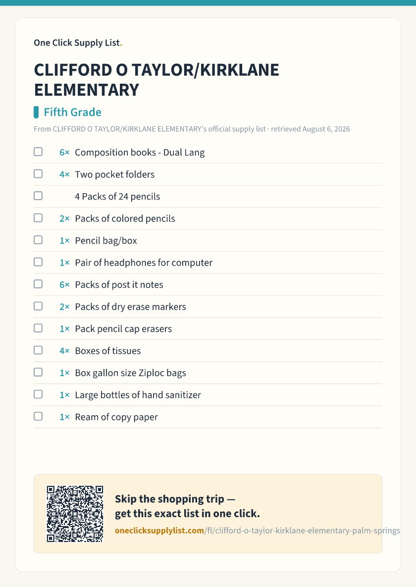 CLIFFORD O TAYLOR/KIRKLANE ELEMENTARY Fifth Grade supply list — printable image