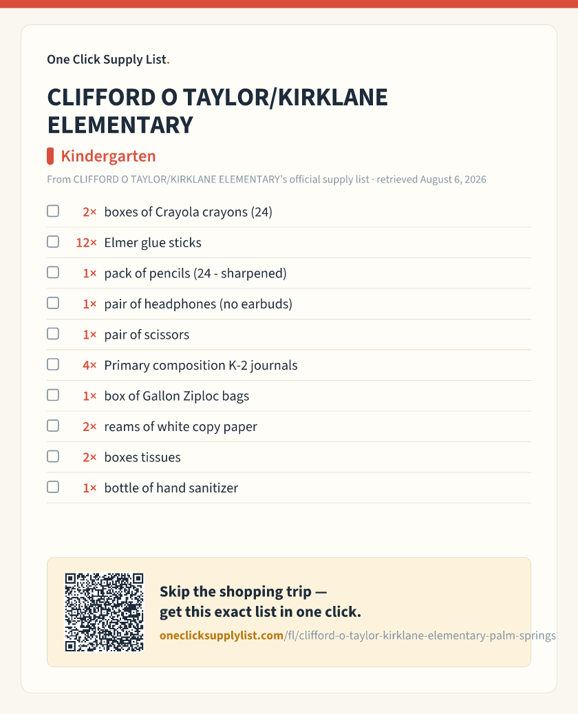 CLIFFORD O TAYLOR/KIRKLANE ELEMENTARY Kindergarten supply list — printable image
