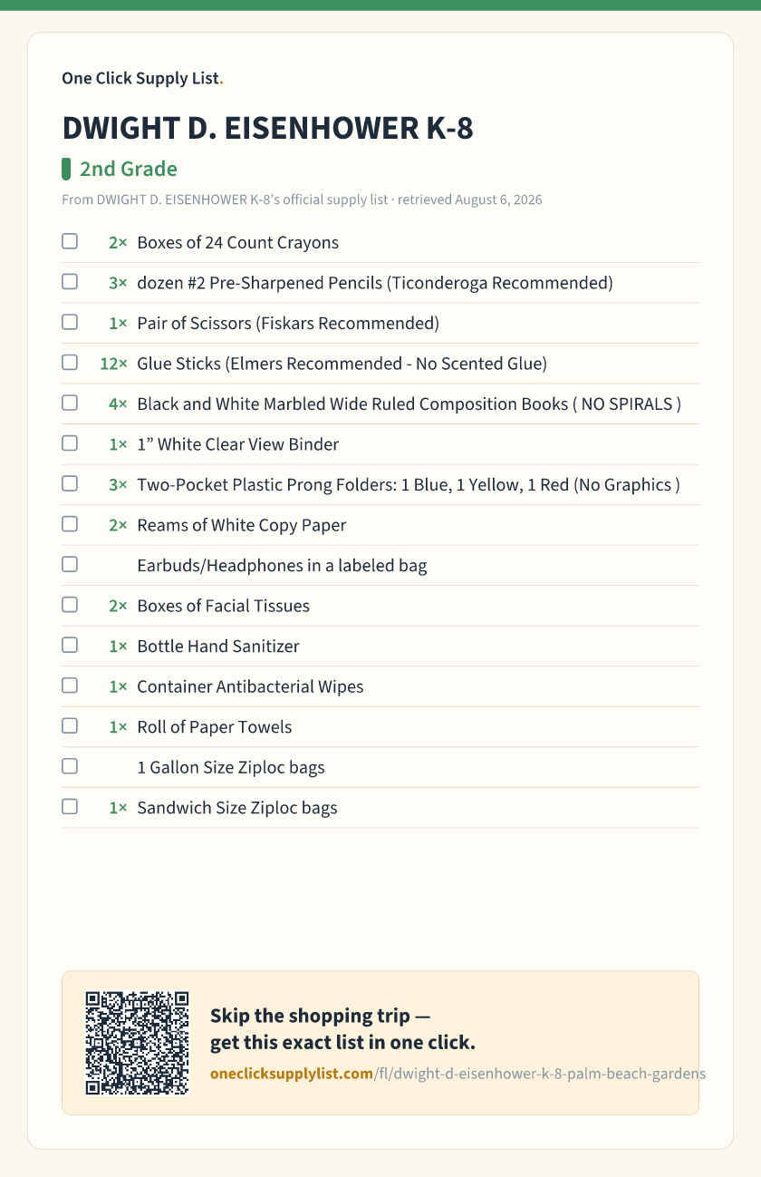 DWIGHT D. EISENHOWER K-8 2nd Grade supply list — printable image