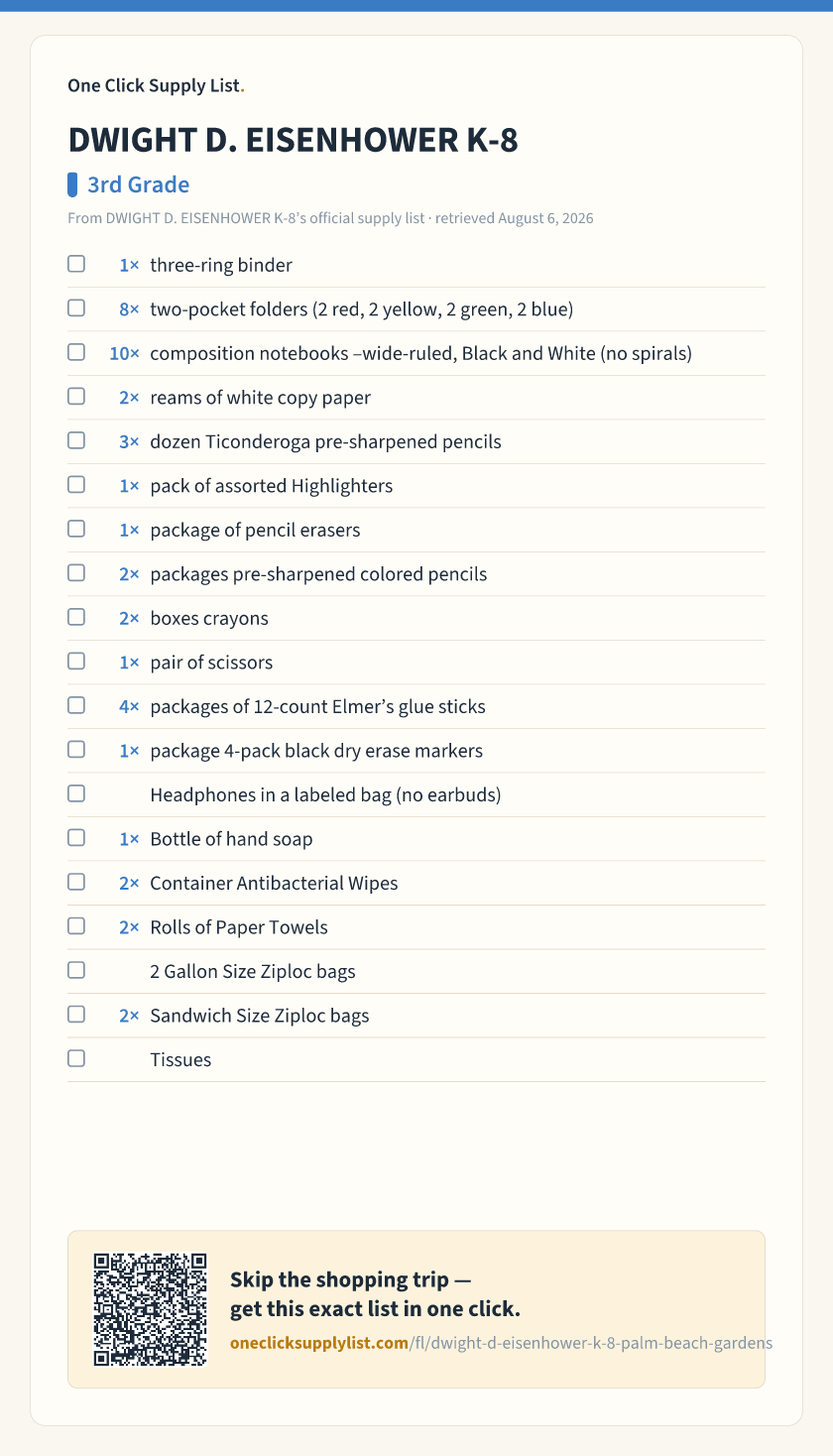 DWIGHT D. EISENHOWER K-8 3rd Grade supply list — printable image