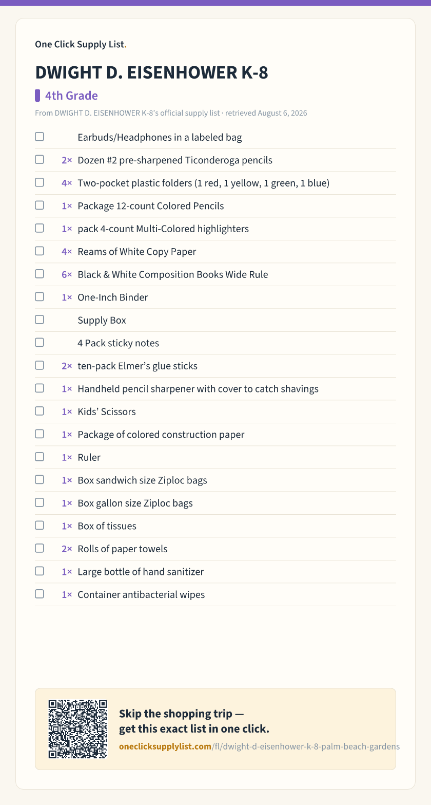 DWIGHT D. EISENHOWER K-8 4th Grade supply list — printable image