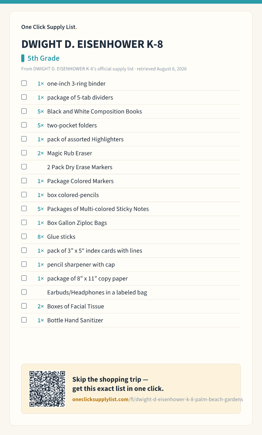 DWIGHT D. EISENHOWER K-8 5th Grade supply list — printable image