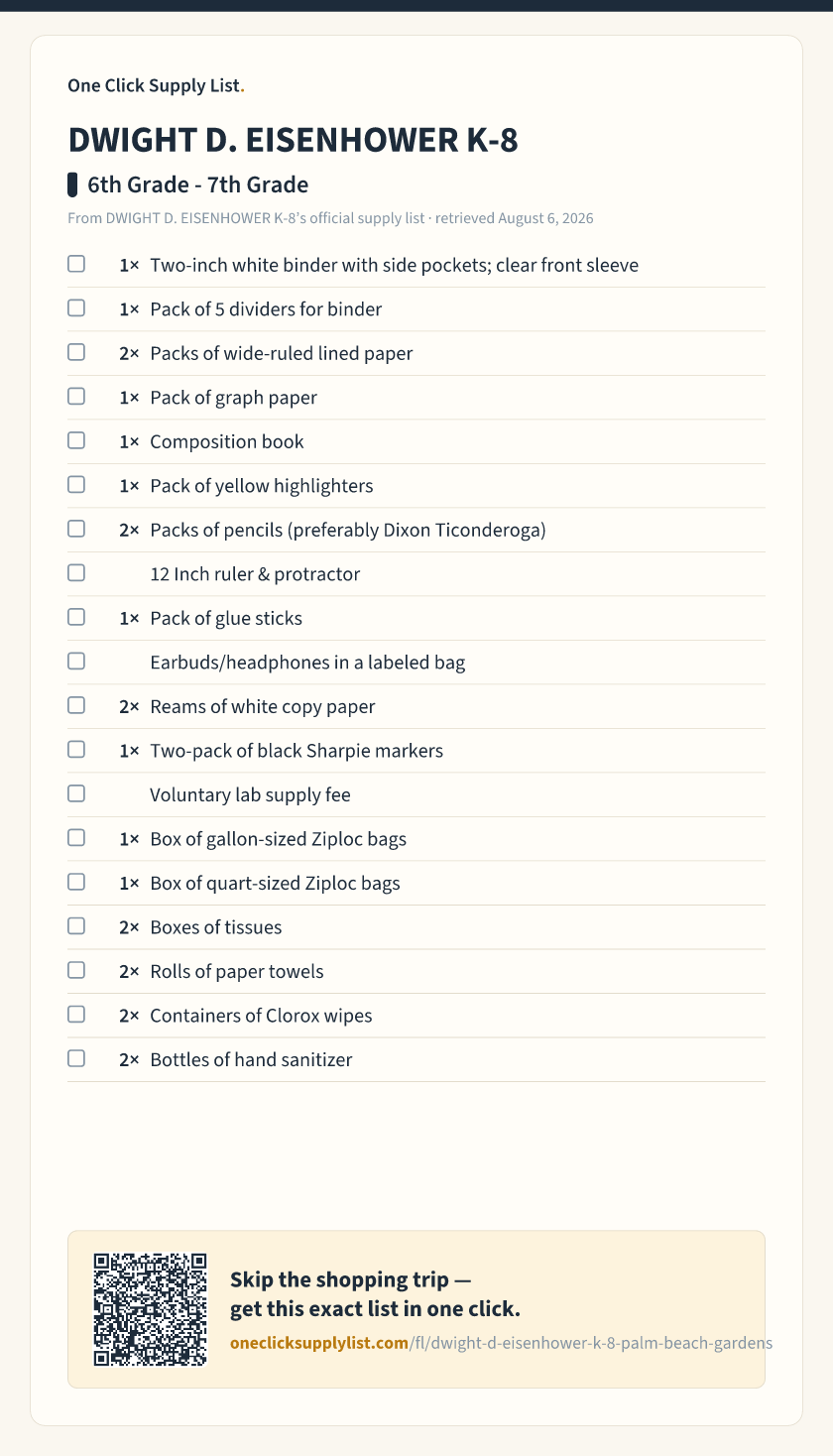 DWIGHT D. EISENHOWER K-8 6th Grade - 7th Grade supply list — printable image