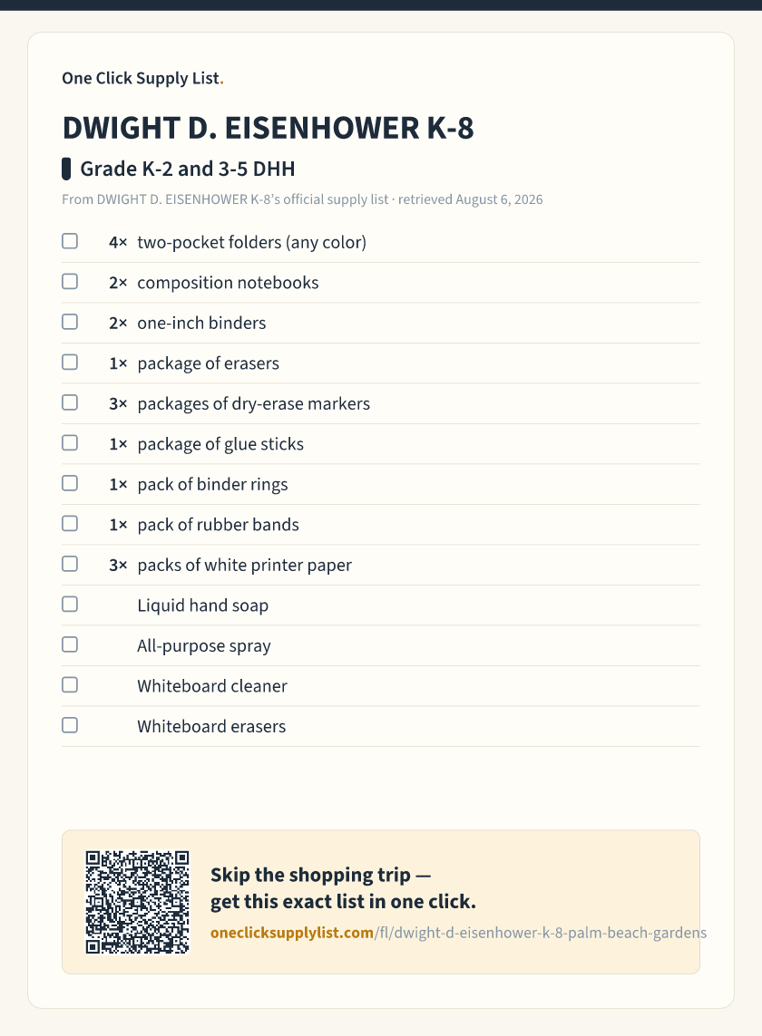 DWIGHT D. EISENHOWER K-8 Grade K-2 and 3-5 DHH supply list — printable image