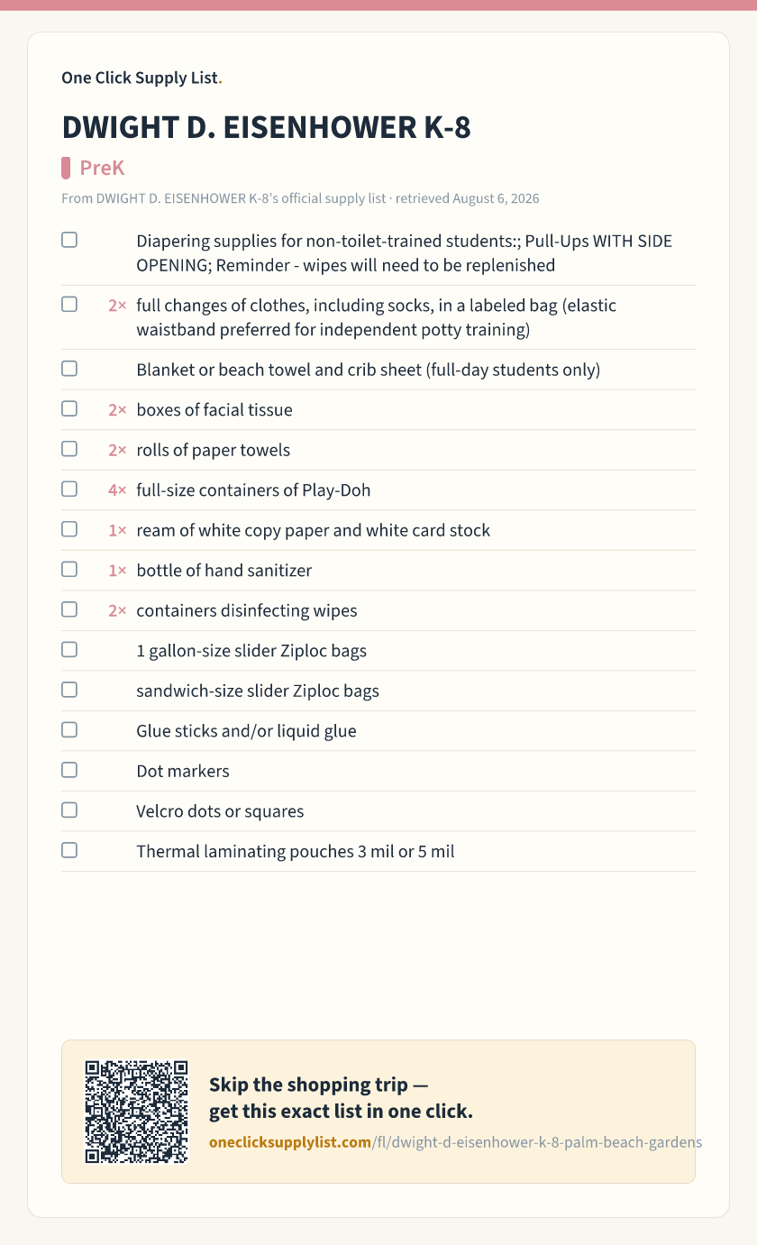 DWIGHT D. EISENHOWER K-8 PreK supply list — printable image