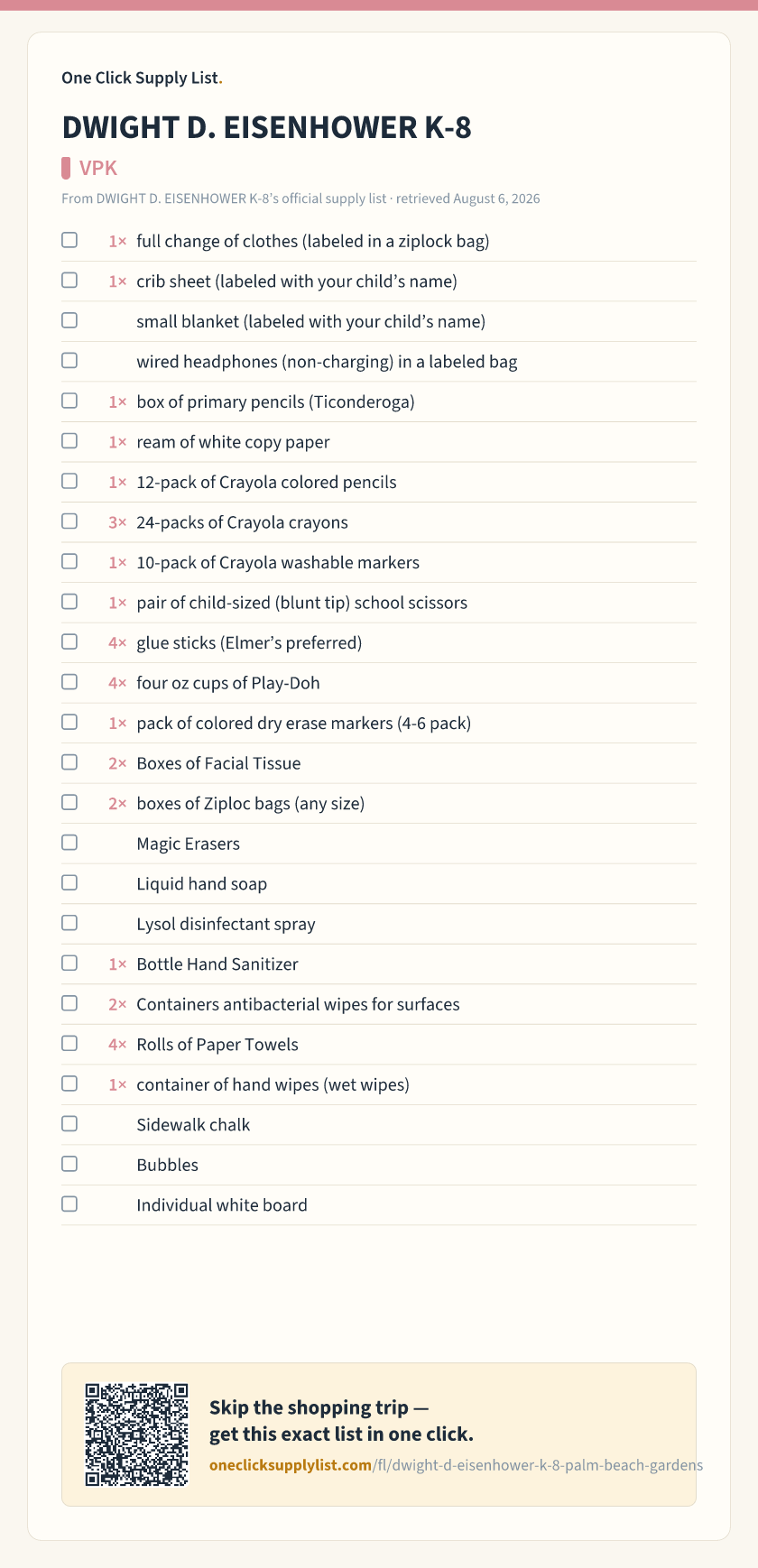 DWIGHT D. EISENHOWER K-8 VPK supply list — printable image