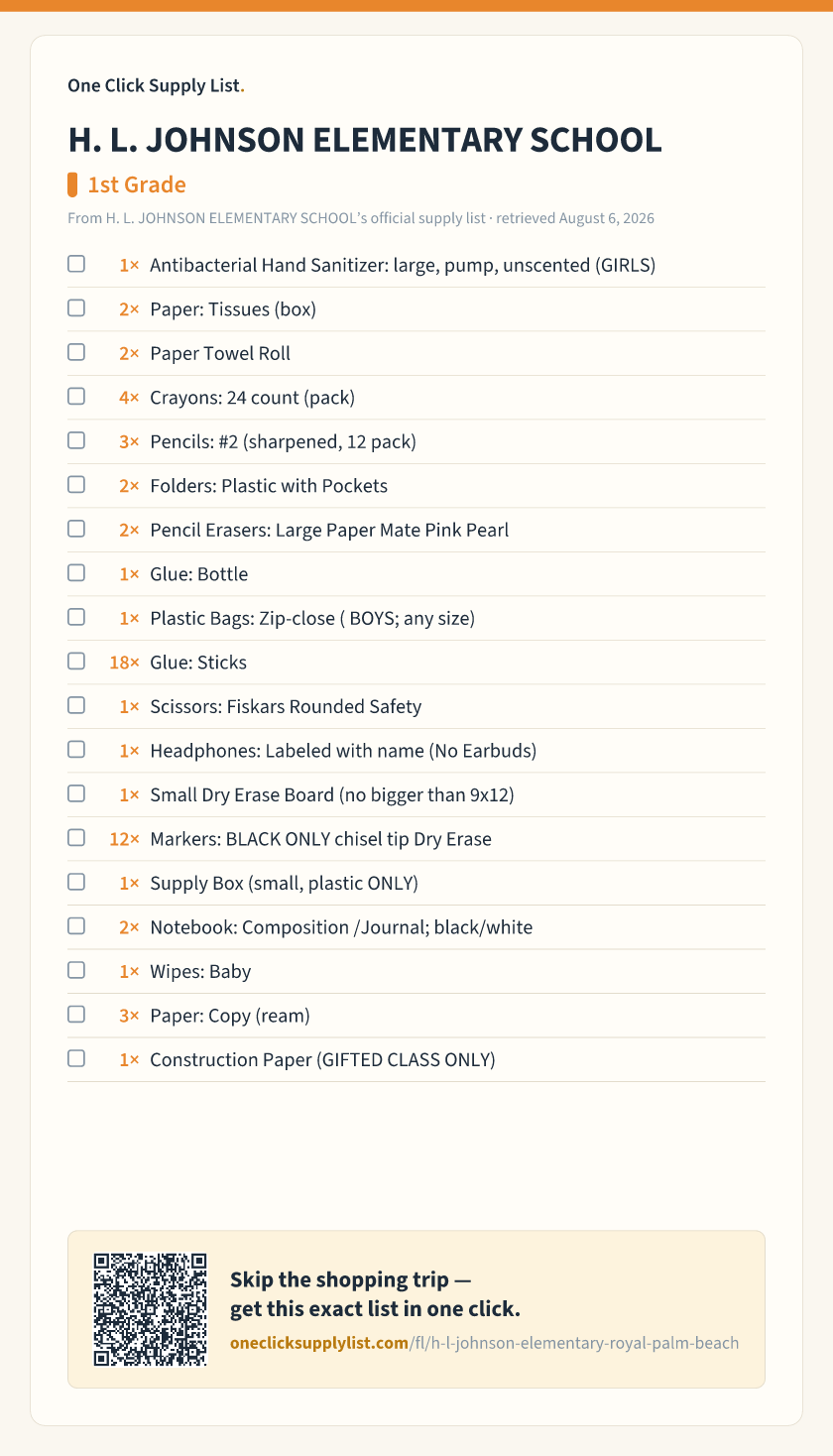 H. L. JOHNSON ELEMENTARY SCHOOL 1st Grade supply list — printable image
