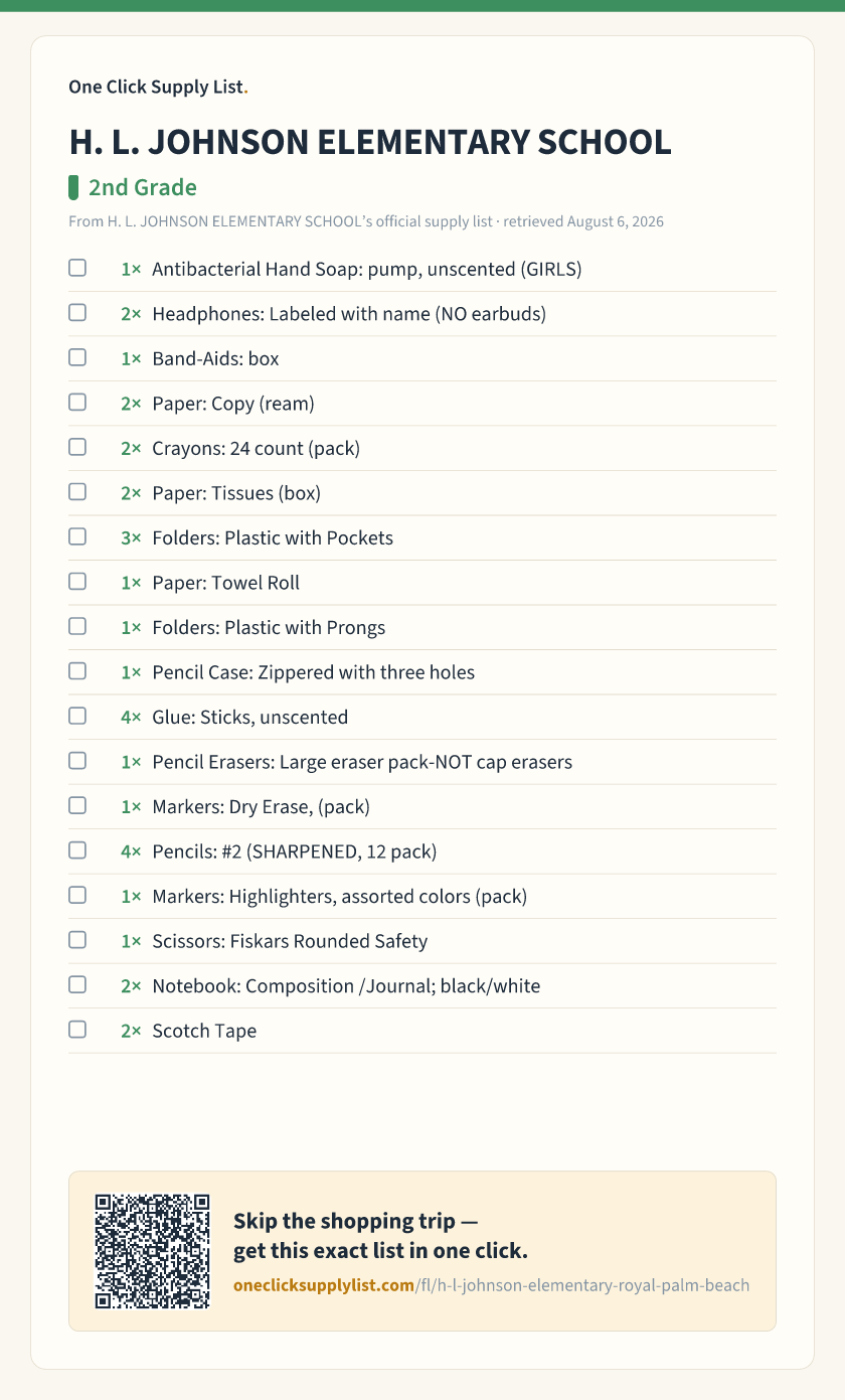 H. L. JOHNSON ELEMENTARY SCHOOL 2nd Grade supply list — printable image
