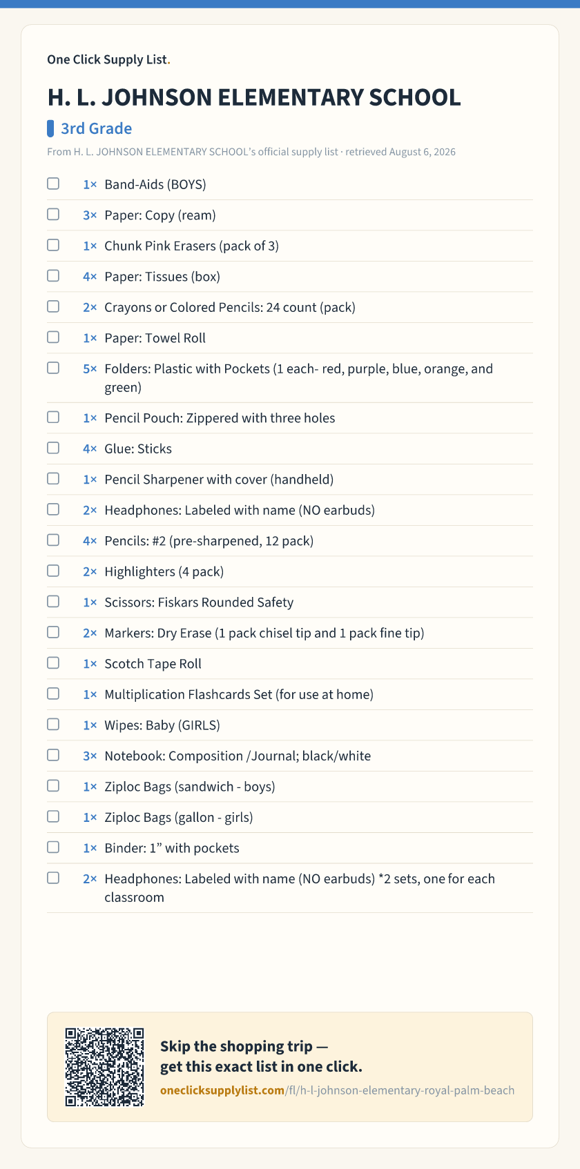 H. L. JOHNSON ELEMENTARY SCHOOL 3rd Grade supply list — printable image