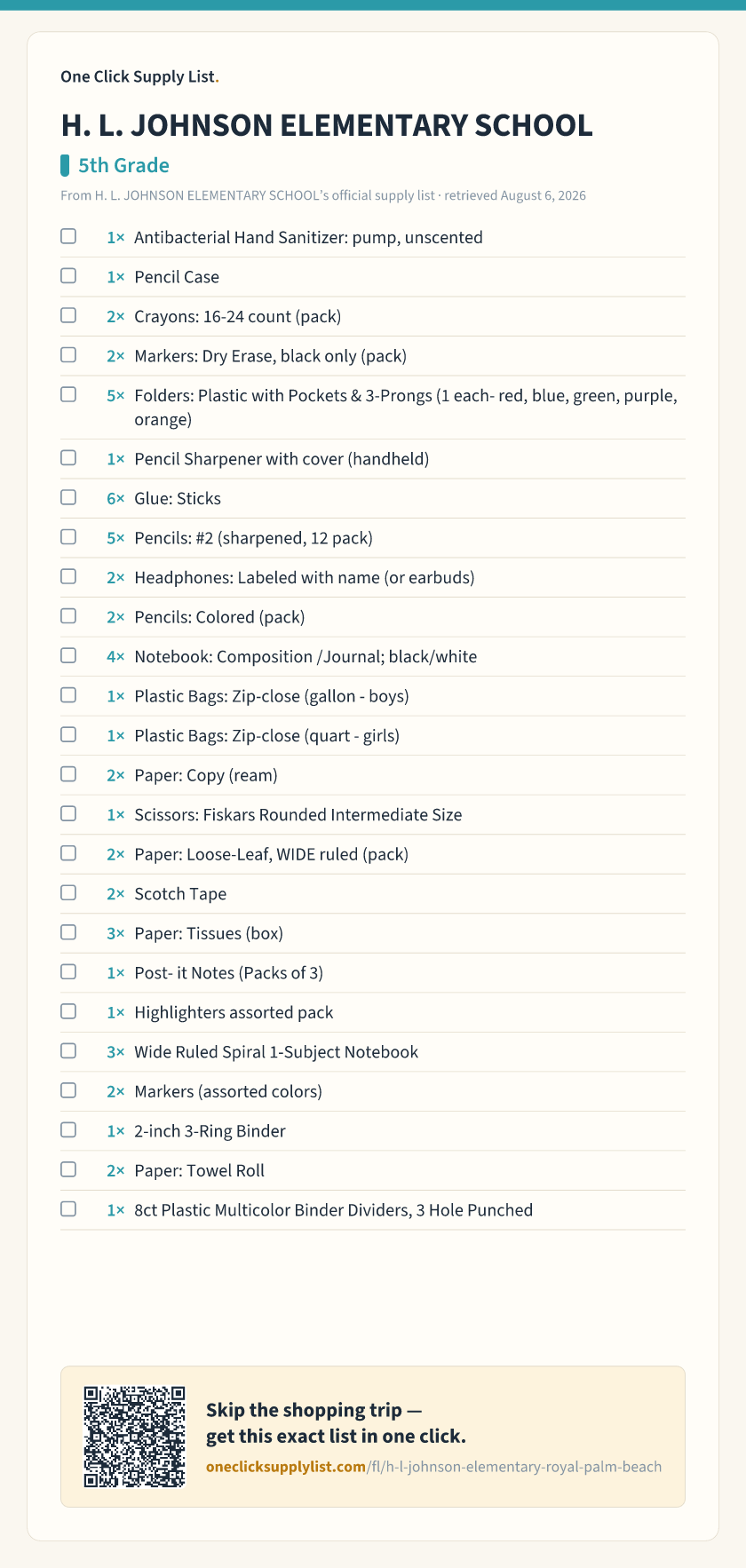 H. L. JOHNSON ELEMENTARY SCHOOL 5th Grade supply list — printable image