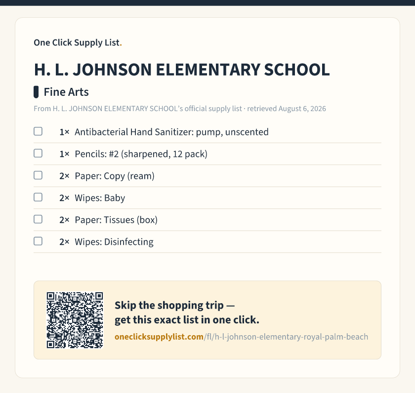 H. L. JOHNSON ELEMENTARY SCHOOL Fine Arts supply list — printable image