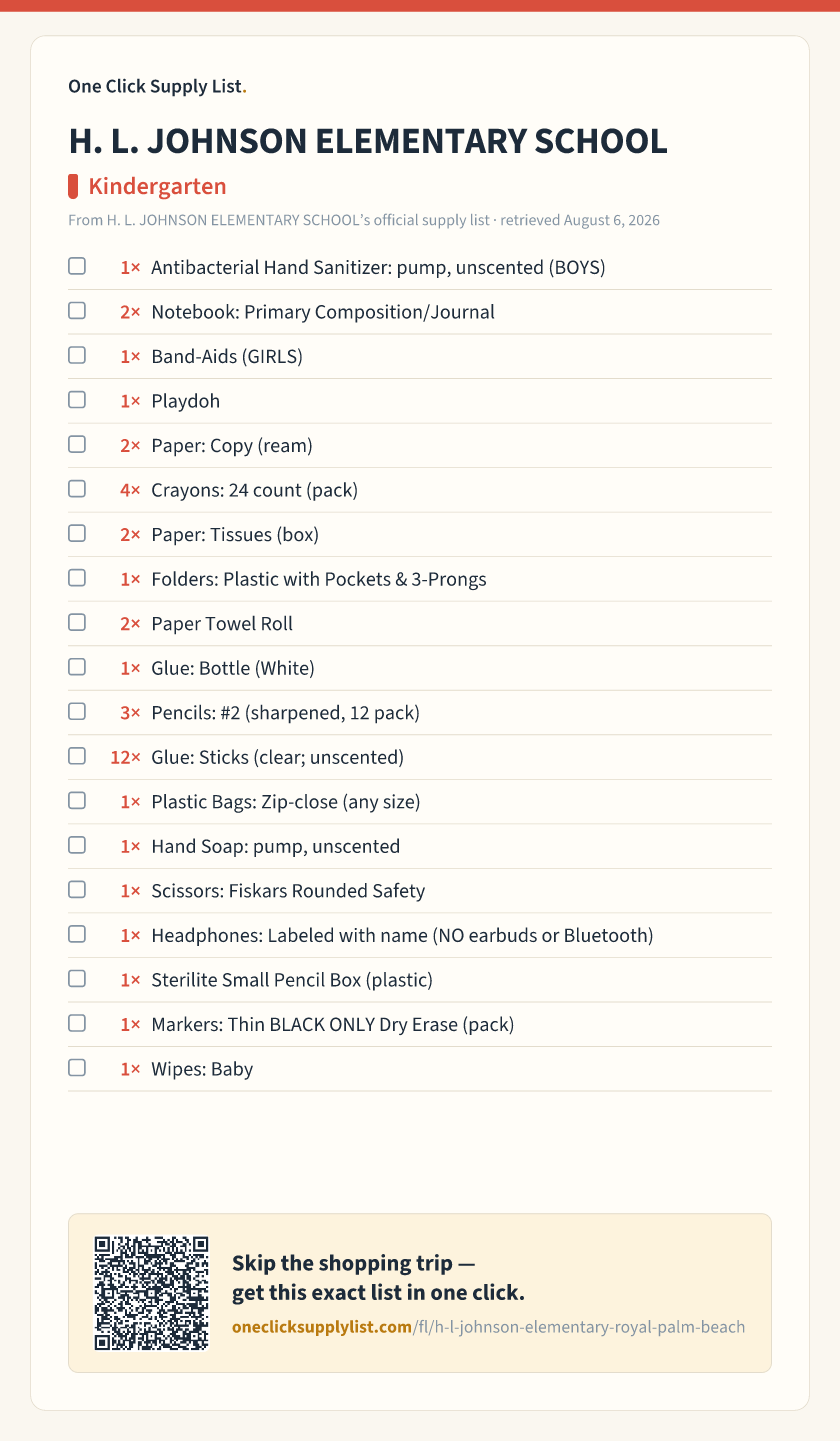 H. L. JOHNSON ELEMENTARY SCHOOL Kindergarten supply list — printable image