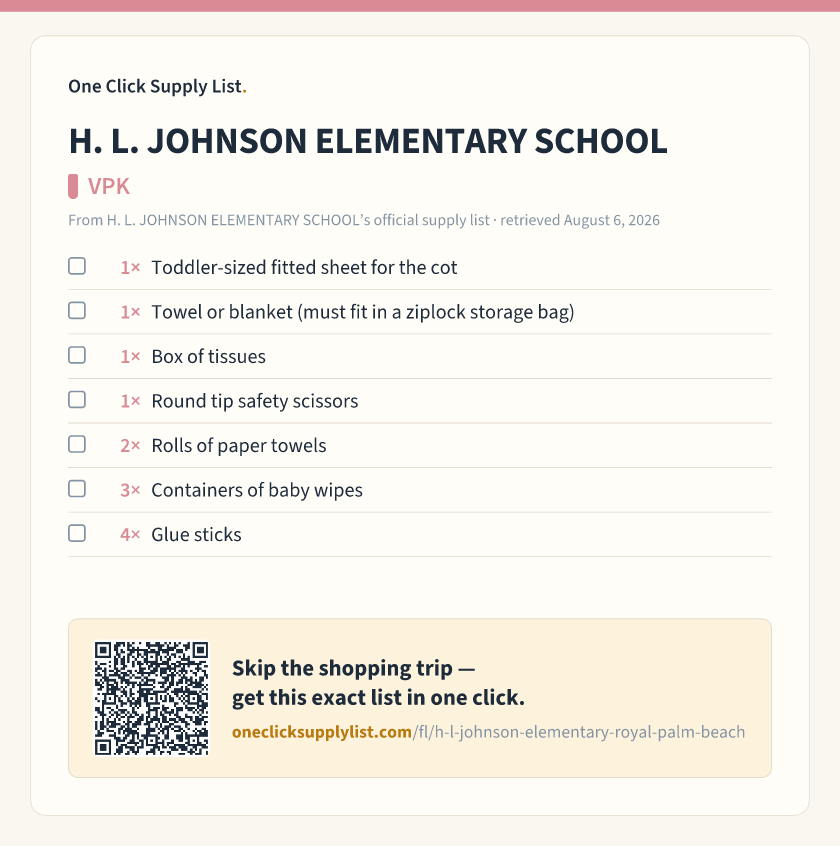 H. L. JOHNSON ELEMENTARY SCHOOL VPK supply list — printable image