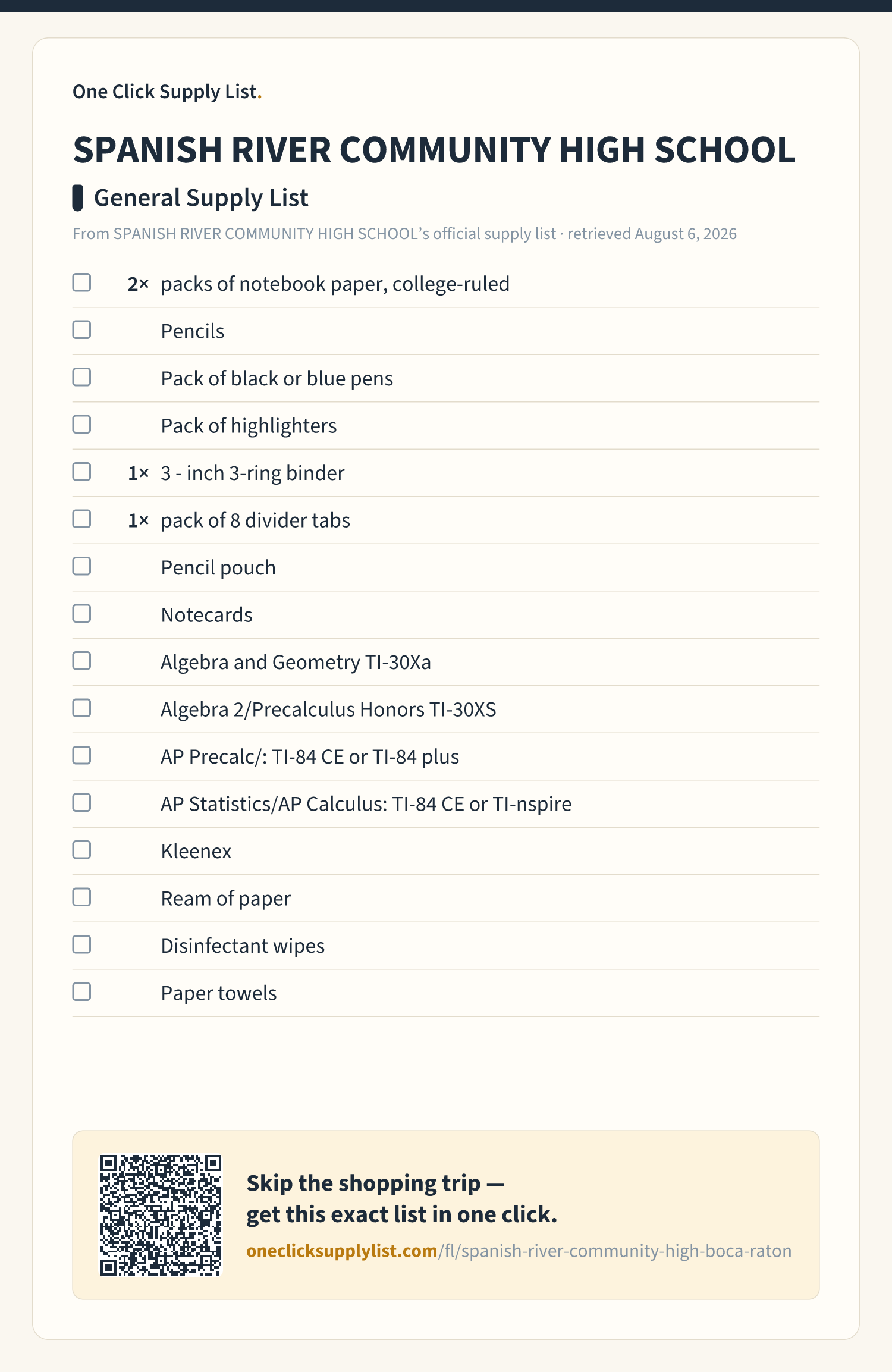 SPANISH RIVER COMMUNITY HIGH SCHOOL General Supply List supply list — printable image