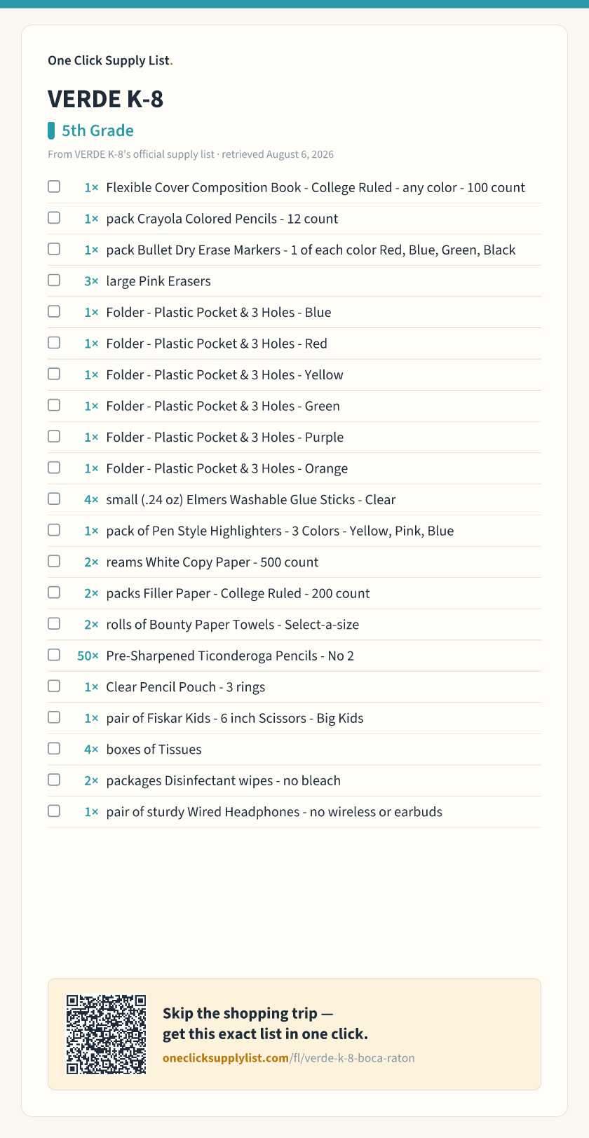 VERDE K-8 5th Grade supply list — printable image
