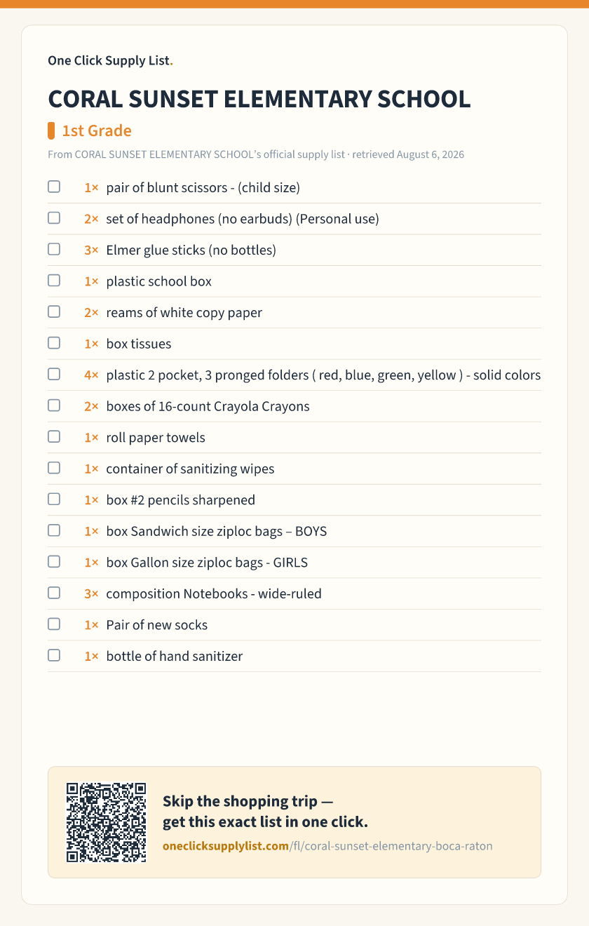 CORAL SUNSET ELEMENTARY SCHOOL 1st Grade supply list — printable image
