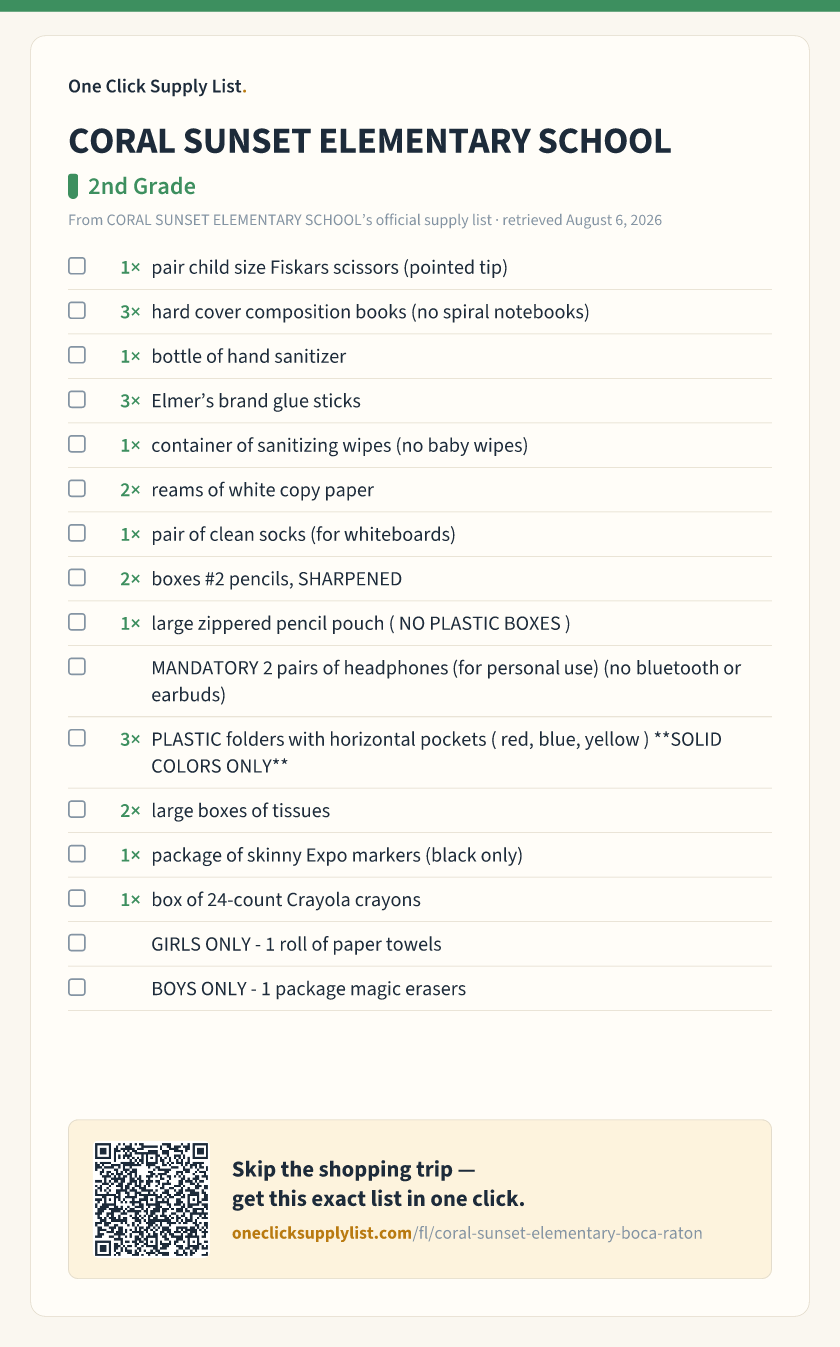 CORAL SUNSET ELEMENTARY SCHOOL 2nd Grade supply list — printable image