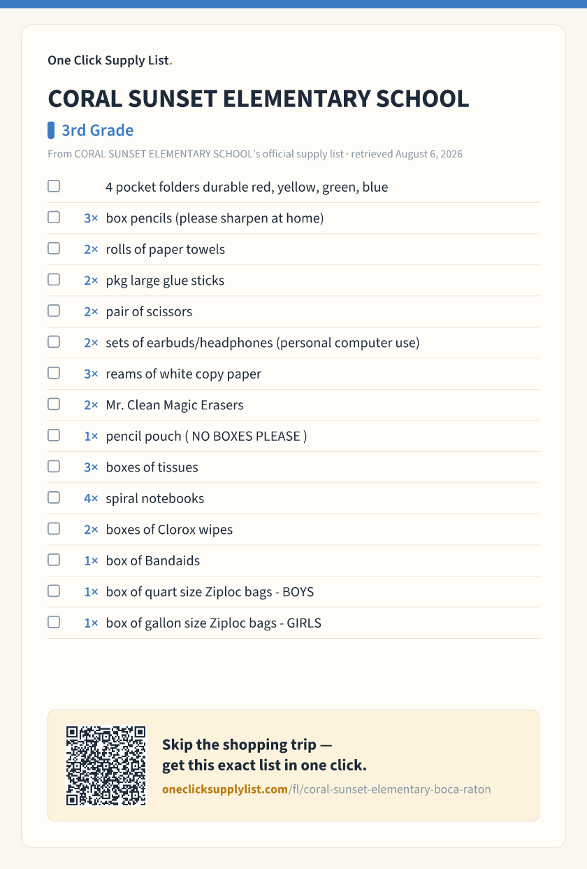 CORAL SUNSET ELEMENTARY SCHOOL 3rd Grade supply list — printable image