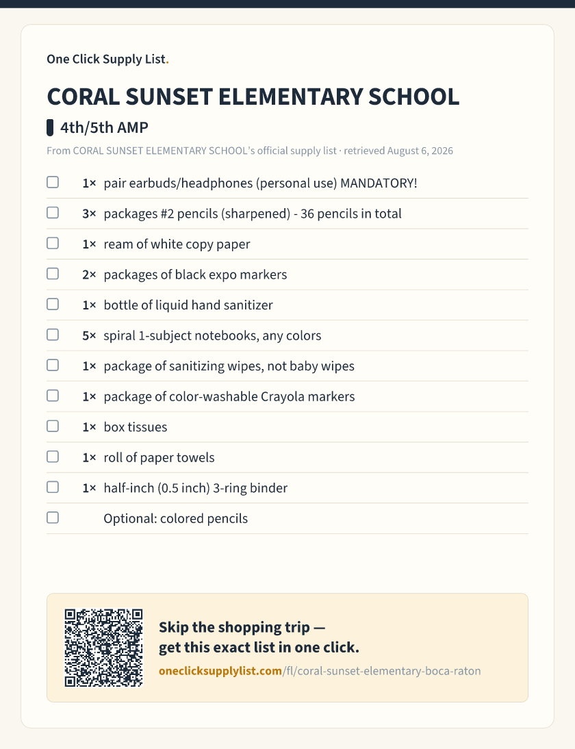 CORAL SUNSET ELEMENTARY SCHOOL 4th/5th AMP supply list — printable image