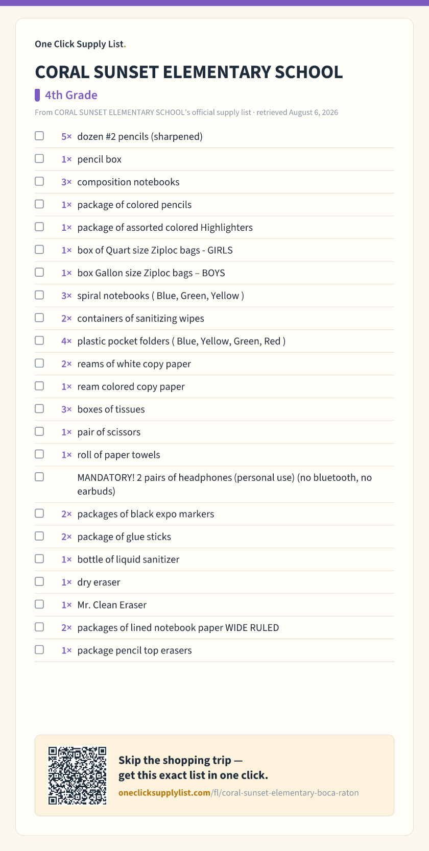 CORAL SUNSET ELEMENTARY SCHOOL 4th Grade supply list — printable image