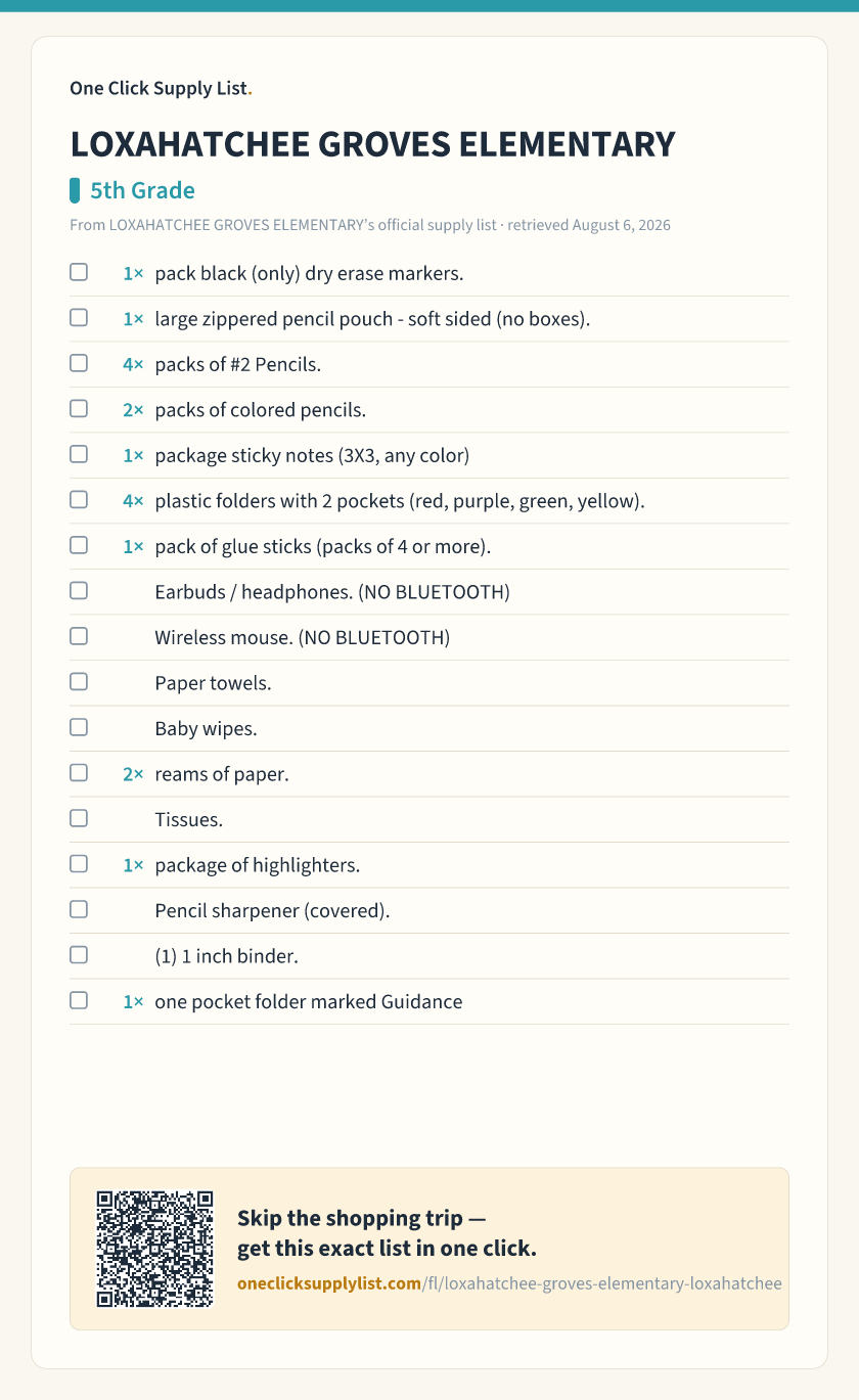 LOXAHATCHEE GROVES ELEMENTARY 5th Grade supply list — printable image