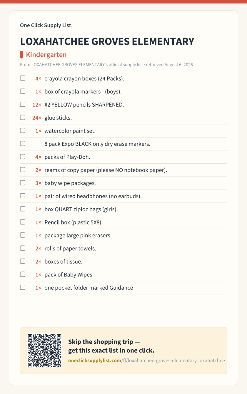 LOXAHATCHEE GROVES ELEMENTARY Kindergarten supply list — printable image