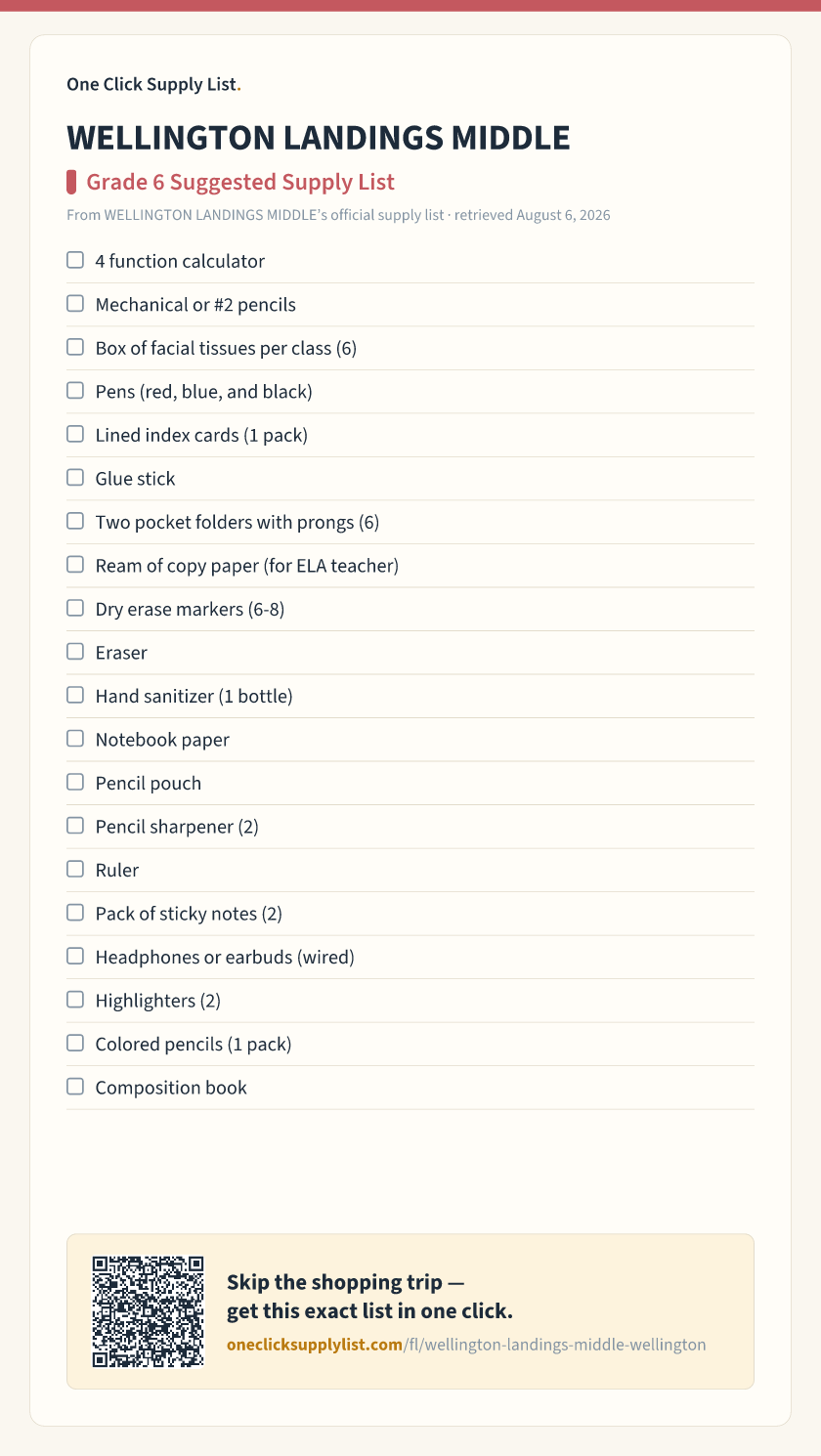 WELLINGTON LANDINGS MIDDLE Grade 6 Suggested Supply List supply list — printable image