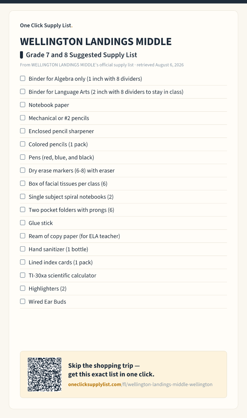 WELLINGTON LANDINGS MIDDLE Grade 7 and 8 Suggested Supply List supply list — printable image