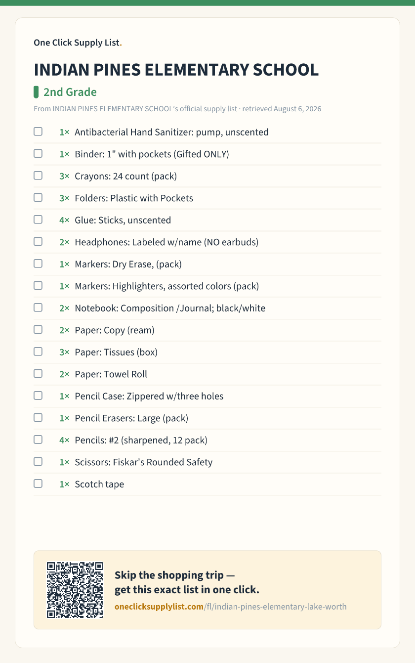 INDIAN PINES ELEMENTARY SCHOOL 2nd Grade supply list — printable image