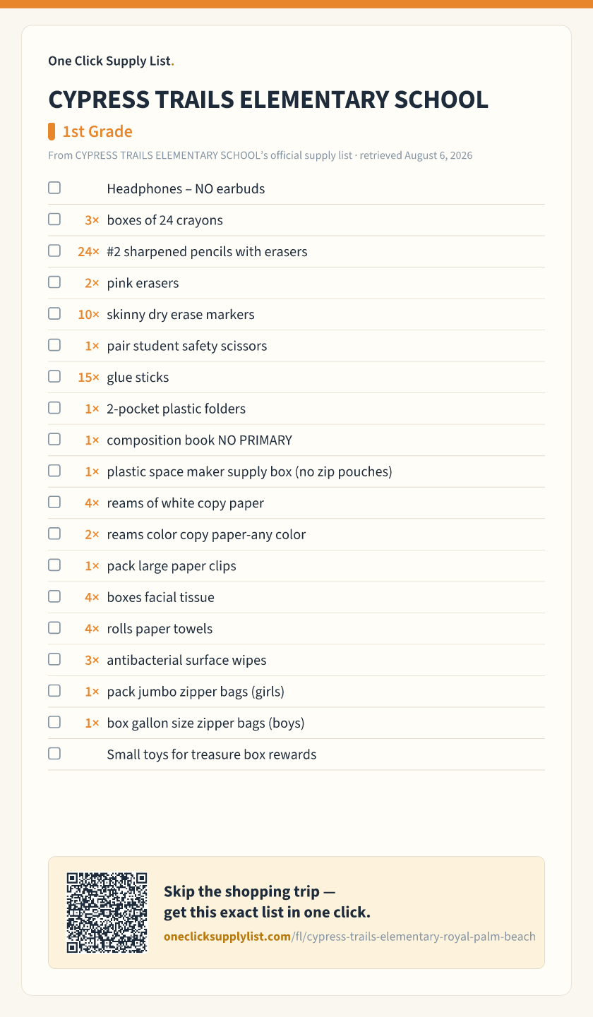 CYPRESS TRAILS ELEMENTARY SCHOOL 1st Grade supply list — printable image