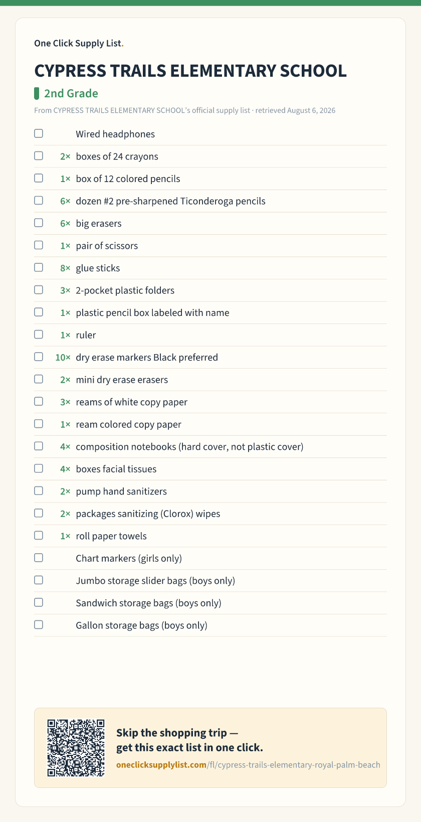 CYPRESS TRAILS ELEMENTARY SCHOOL 2nd Grade supply list — printable image