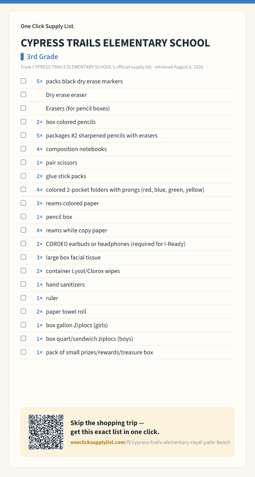 CYPRESS TRAILS ELEMENTARY SCHOOL 3rd Grade supply list — printable image