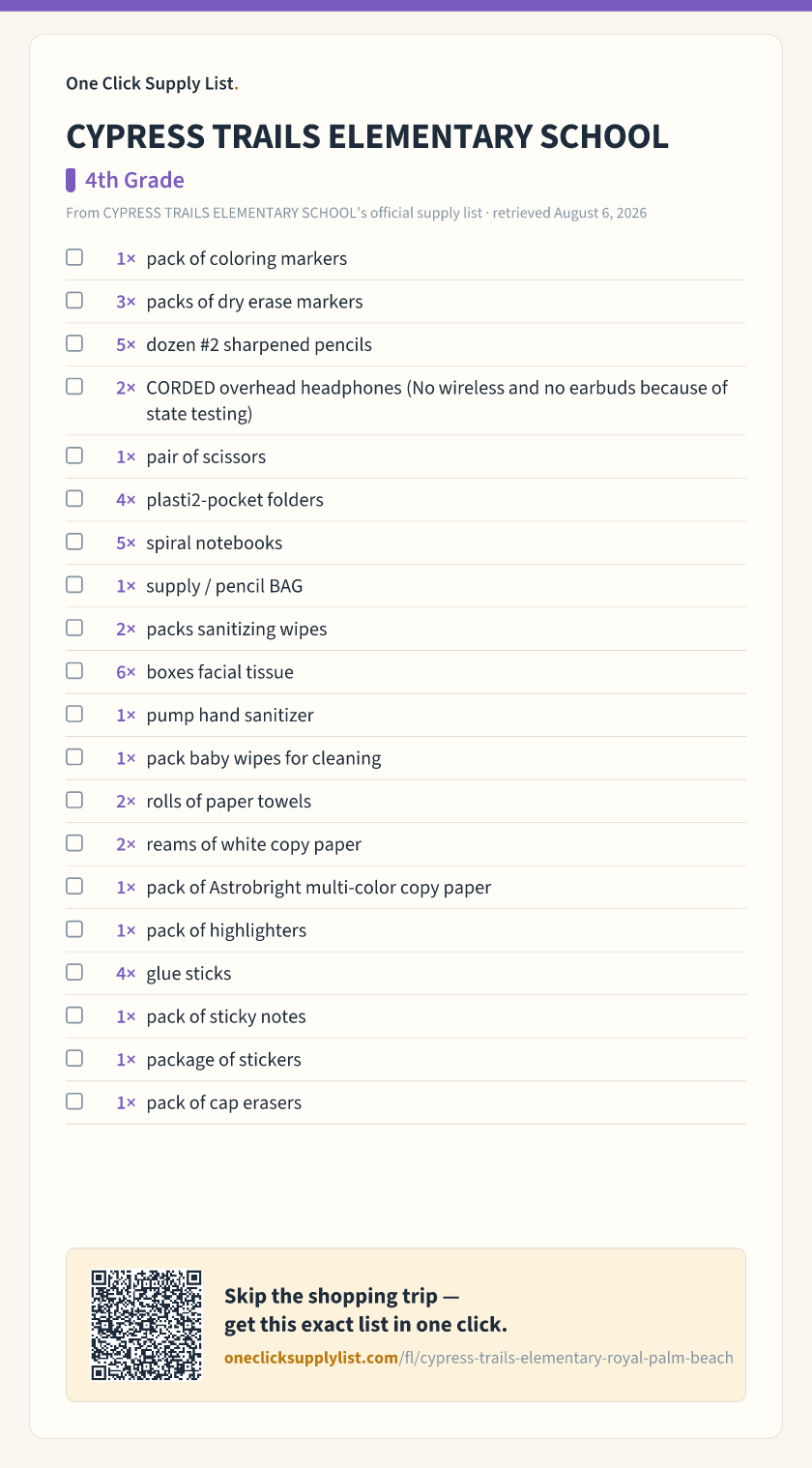 CYPRESS TRAILS ELEMENTARY SCHOOL 4th Grade supply list — printable image