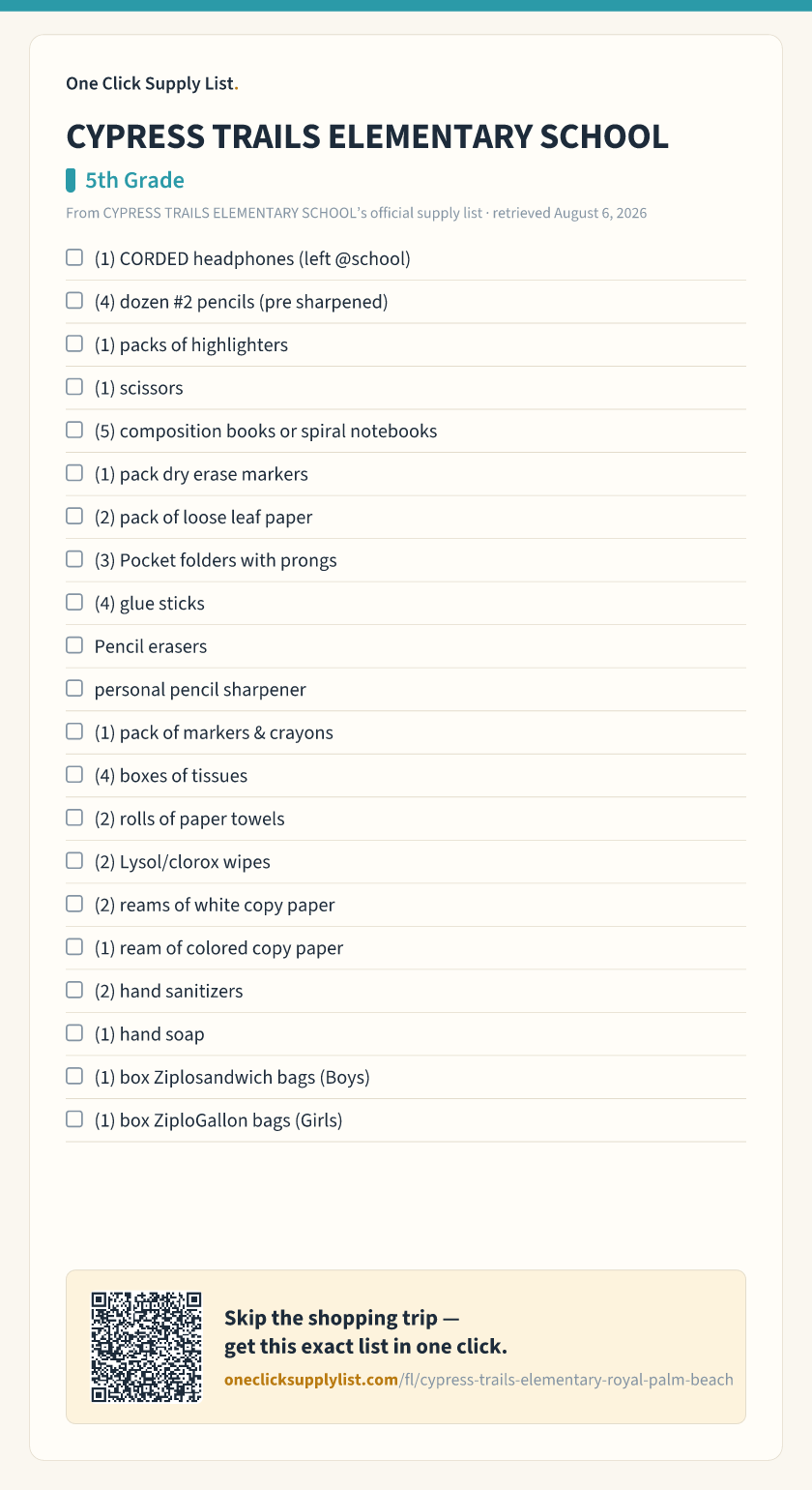 CYPRESS TRAILS ELEMENTARY SCHOOL 5th Grade supply list — printable image