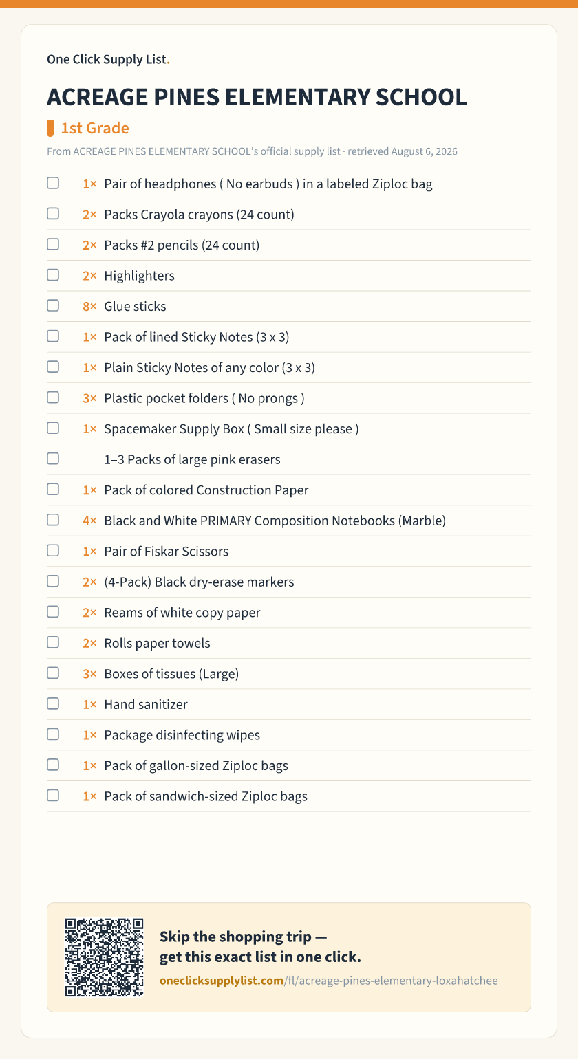 ACREAGE PINES ELEMENTARY SCHOOL 1st Grade supply list — printable image