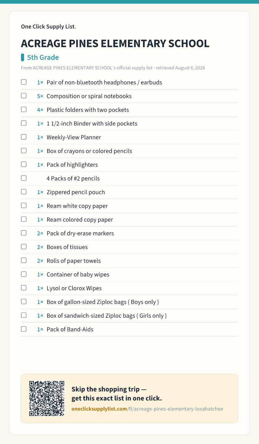 ACREAGE PINES ELEMENTARY SCHOOL 5th Grade supply list — printable image