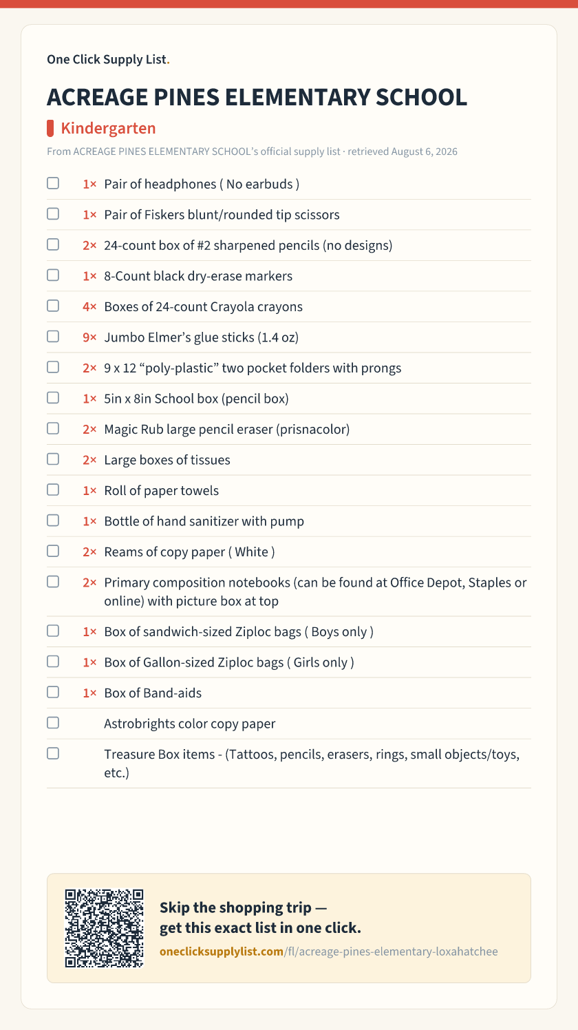 ACREAGE PINES ELEMENTARY SCHOOL Kindergarten supply list — printable image